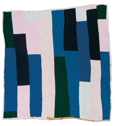 Annie Mae Young, born 1928. "Bars," ca. 1965. Corduroy, denim, polyester knit, assorted synthetics, 81 x 79. 